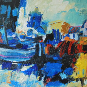 Painting titled "Collioure plage" by Philippe Olivié, Original Artwork, Oil Mounted on Wood Stretcher frame