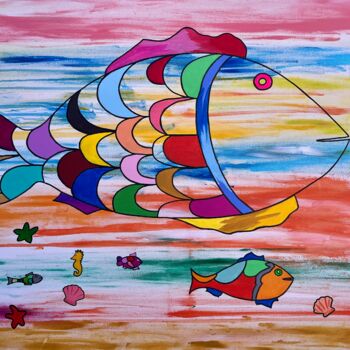 Painting titled "Le poisson lumière" by Philippe Seigle, Original Artwork, Acrylic Mounted on Wood Stretcher frame