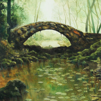 Painting titled "Small stone bridge" by Philippe Auger, Original Artwork, Watercolor