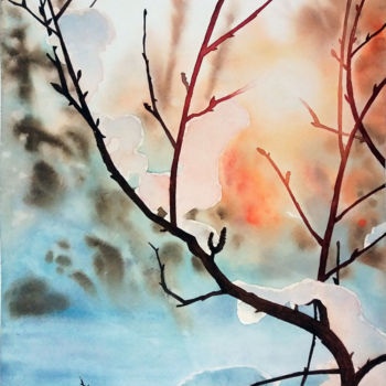 Painting titled "Branche neige" by Philippe Auger, Original Artwork, Watercolor