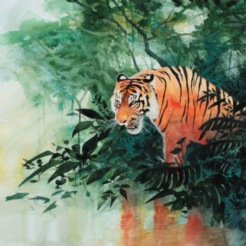 Malerei mit dem Titel "Tigre dans la jungle" von Philippe Auger, Original-Kunstwerk, Gouache