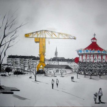 Peinture intitulée "Nantes, sa grue jau…" par Philippe Blanchard, Œuvre d'art originale, Encre