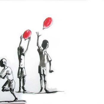 Painting titled "Les  ballons rouges" by Philippe Blanchard, Original Artwork, Ink