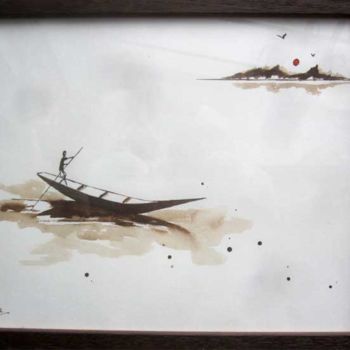 Peinture intitulée "Pirogue africaine" par Philippe Blanchard, Œuvre d'art originale, Encre