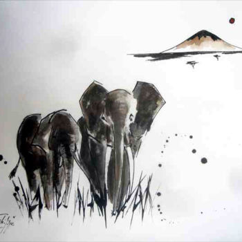 Malarstwo zatytułowany „Les éléphants” autorstwa Philippe Blanchard, Oryginalna praca, Inny