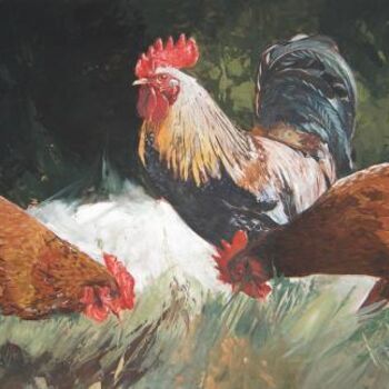 Malerei mit dem Titel "2 poules rousses et…" von Philippe Bouvet, Original-Kunstwerk