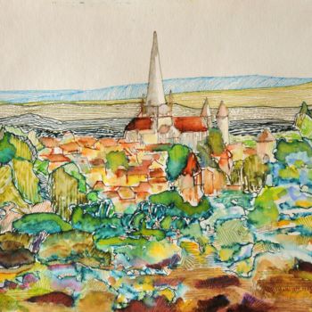 Painting titled "vue d' Autun III" by Philip Moreau, Original Artwork, Ink