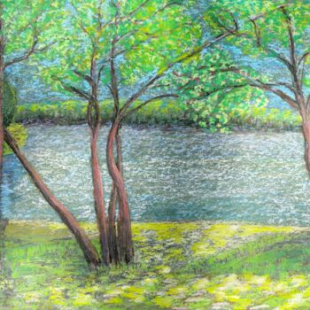 Painting titled "le lac des Settons" by Philip Moreau, Original Artwork, Pastel