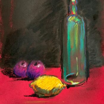 Dessin intitulée "Bouteille au citron" par Philippe Petit, Œuvre d'art originale, Pastel Monté sur Carton