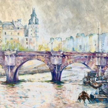 Painting titled "Pont Neuf automnal" by Philippe Petit, Original Artwork, Oil Mounted on Wood Stretcher frame