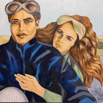 Painting titled "Motorbike couple" by Phoenix Conte, Original Artwork, Oil Mounted on Wood Stretcher frame