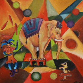 Painting titled "Zirkus Elefant" by Phut Buddha, Original Artwork, Oil