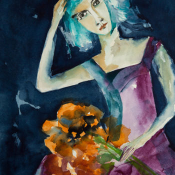 Ζωγραφική με τίτλο "Femme Blues 12" από Véronique Piaser-Moyen, Αυθεντικά έργα τέχνης, Ακουαρέλα