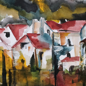 Painting titled "Village des Cévennes" by Véronique Piaser-Moyen, Original Artwork, Watercolor