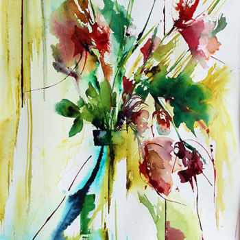 Pintura intitulada "Verre fleuri" por Véronique Piaser-Moyen, Obras de arte originais, Aquarela