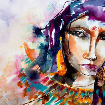 Ζωγραφική με τίτλο "Mallika-Bollywood." από Véronique Piaser-Moyen, Αυθεντικά έργα τέχνης, Ακουαρέλα