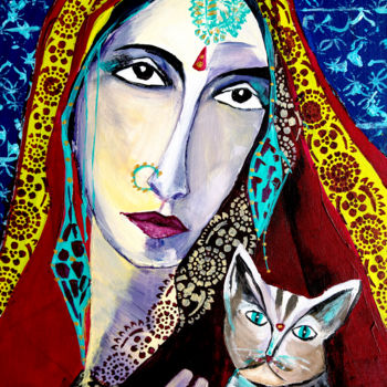 Painting titled "Madone Indienne au…" by Véronique Piaser-Moyen, Original Artwork, Acrylic Mounted on Cardboard