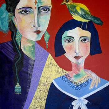 Painting titled "Bird's family" by Véronique Piaser-Moyen, Original Artwork, Acrylic Mounted on Wood Stretcher frame