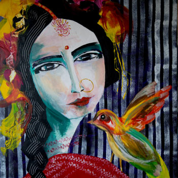 Peinture intitulée "Parrot fortune tell…" par Véronique Piaser-Moyen, Œuvre d'art originale, Acrylique Monté sur Châssis en…