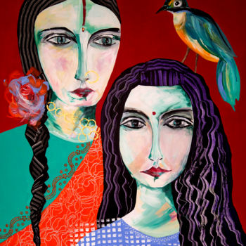 Painting titled "Bird's family 02" by Véronique Piaser-Moyen, Original Artwork, Acrylic Mounted on Wood Stretcher frame