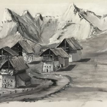 Pintura intitulada "Un village imaginai…" por Pibou, Obras de arte originais, Óleo Montado em Armação em madeira