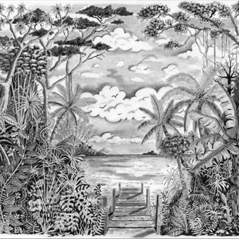 Drawing titled "Tropique vue mer" by Pic Art, Original Artwork, Ink