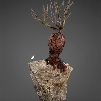 Sculpture intitulée ""L'Oiseau et Le Roi"" par Picrate, Œuvre d'art originale, Bois