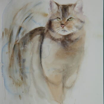 Painting titled "Chat des bois" by Pierre Alix, Original Artwork, Watercolor