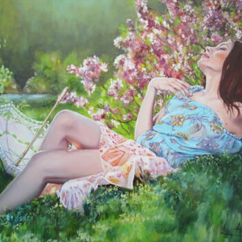 Painting titled ""REPOS A L'OMBRELLE"" by Pierre Arbassette, Original Artwork, Oil Mounted on Wood Stretcher frame