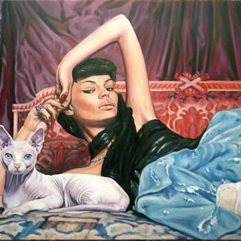 Painting titled "Le chat et la Diva.…" by Pierre Arbassette, Original Artwork, Oil Mounted on Wood Stretcher frame