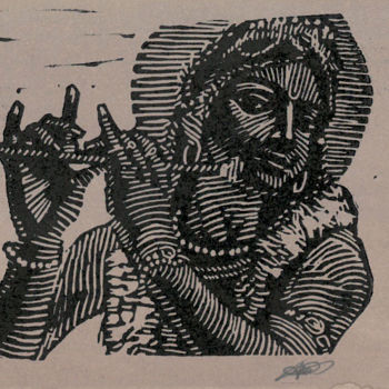 Gravures & estampes intitulée "Flûte indienne" par Pierre Bara, Œuvre d'art originale, Linogravures