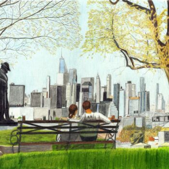 Dessin intitulée "Brooklyn bench" par Pierre Bayet, Œuvre d'art originale, Crayon