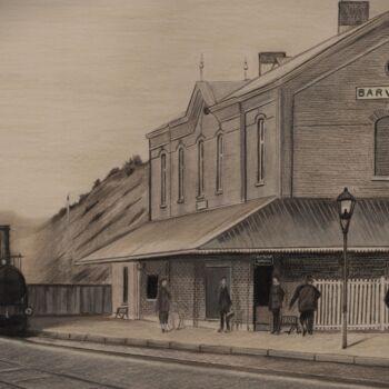 Zeichnungen mit dem Titel "Gare de Barvaux" von Pierre Bayet, Original-Kunstwerk, Bleistift