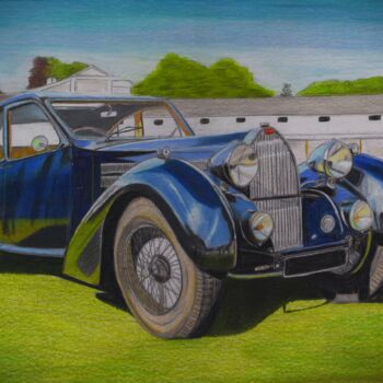 Tekening getiteld "Bugatti 57 (1939)" door Pierre Bayet, Origineel Kunstwerk, Potlood