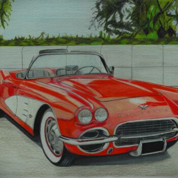 Disegno intitolato "Chevrolet Corvette…" da Pierre Bayet, Opera d'arte originale, Matita