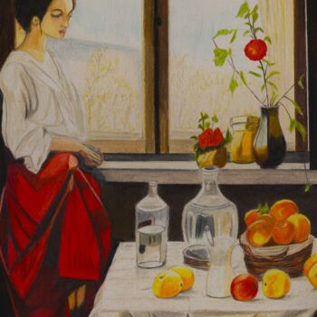 Dessin intitulée "Femme à sa fenêtre." par Pierre Bayet, Œuvre d'art originale, Crayon