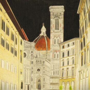 Rysunek zatytułowany „Firenze by night” autorstwa Pierre Bayet, Oryginalna praca, Ołówek