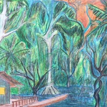 Dessin intitulée "Un soir en Amazonie…" par Pierre Carret, Œuvre d'art originale, Pastel