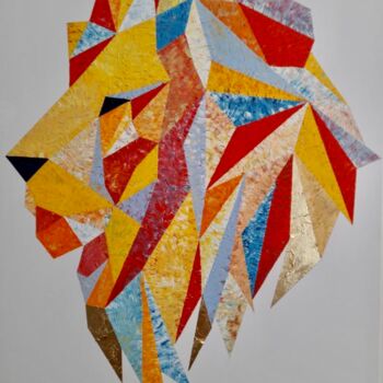 Painting titled "Mosaic Lion II" by Pierre Joseph, Original Artwork, Oil Mounted on Wood Stretcher frame