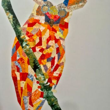 Schilderij getiteld "Mosaic hibou" door Pierre Joseph, Origineel Kunstwerk, Olie Gemonteerd op Frame voor houten brancard