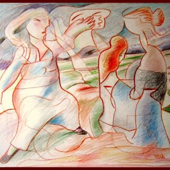 Disegno intitolato "Les Bretonnes" da Pierre-Louis Torres, Opera d'arte originale, Matite colorate