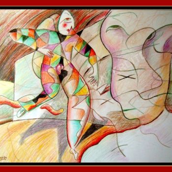 Disegno intitolato "Arlequin en fuite" da Pierre-Louis Torres, Opera d'arte originale, Matite colorate