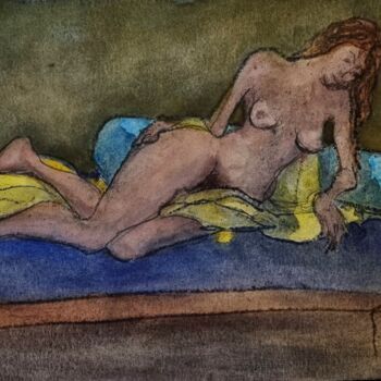 Painting titled "Femme nue allongée…" by Pierre Milosavljevic, Original Artwork, Watercolor