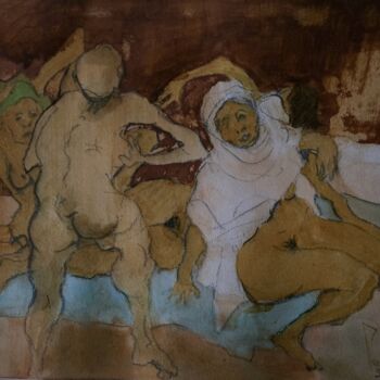 Painting titled "Groupe de femmes au…" by Pierre Milosavljevic, Original Artwork, Ink