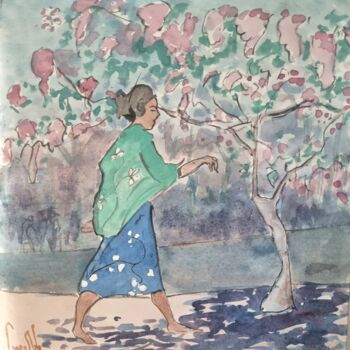 Malerei mit dem Titel "Printemps asiatique" von Pierre Milosavljevic, Original-Kunstwerk, Aquarell