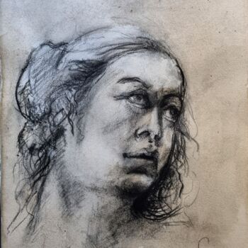 Drawing titled "Tête de femme regar…" by Pierre Milosavljevic, Original Artwork, Pencil