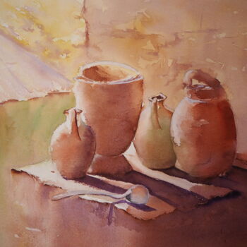 Painting titled "Poteries anciennes" by Pierre Patenet, Original Artwork, Watercolor