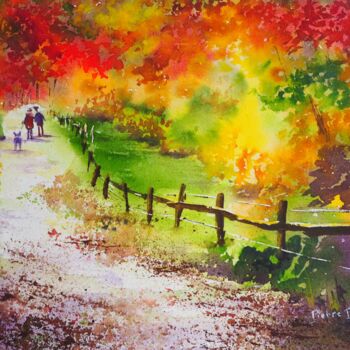 Painting titled "Promenade en automn…" by Pierre Patenet, Original Artwork, Watercolor