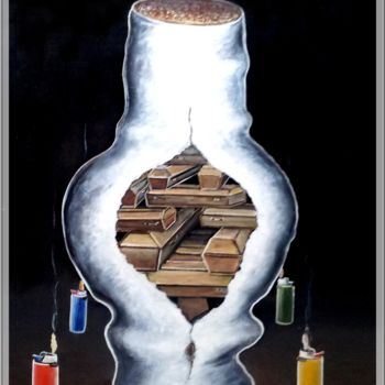 Schilderij getiteld "CIGARETTES MORTELLES" door Pierre Peytavin, Origineel Kunstwerk, Olie Gemonteerd op Karton