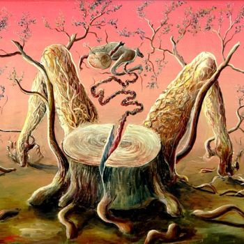 Painting titled "ARBRE ACCOUCHE" by Pierre Peytavin, Original Artwork, Oil Mounted on Wood Stretcher frame